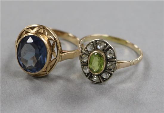 An early 20th century gold, peridot? and rose cut diamond cluster ring, size R and a continental gold gem set dress ring, size P